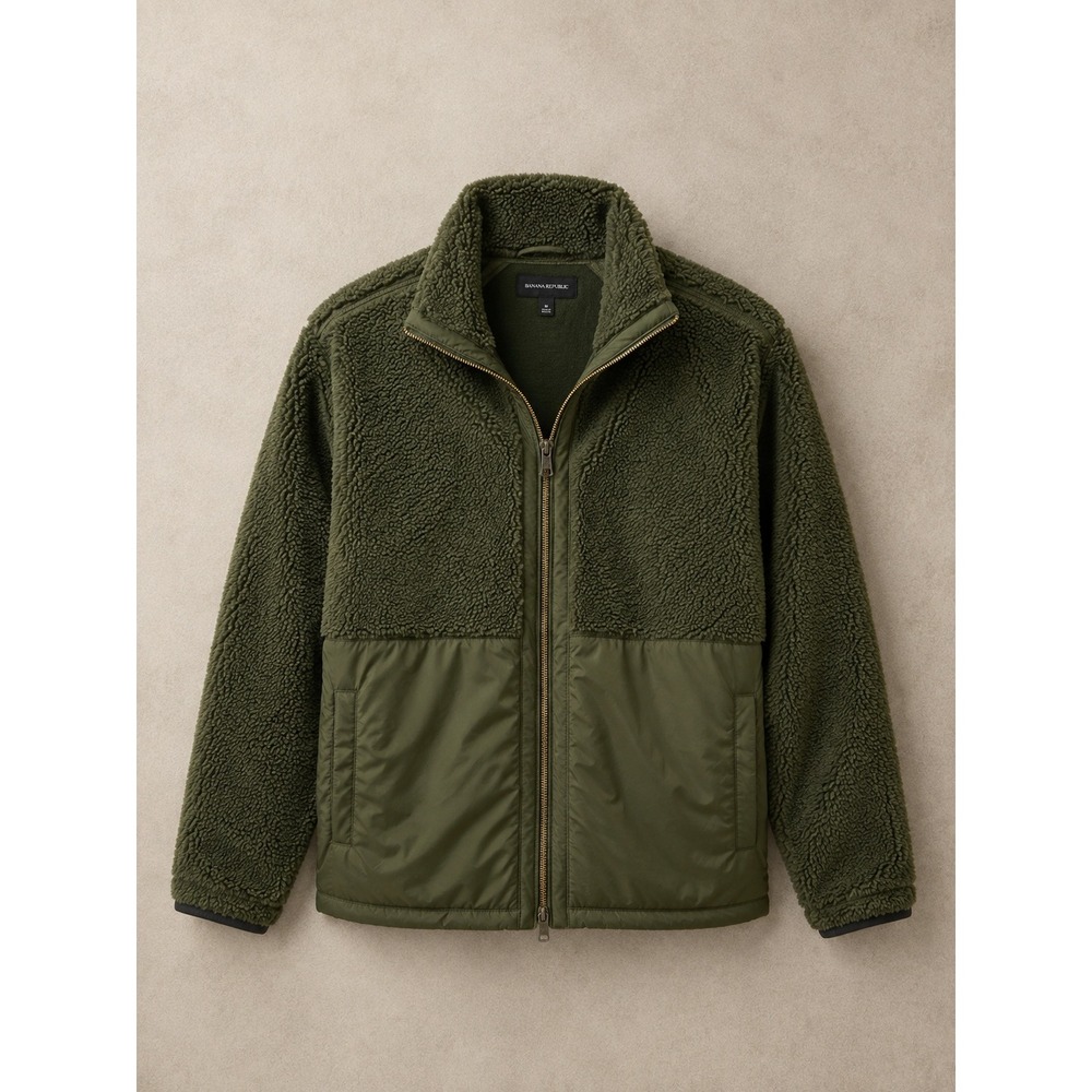 Banana Republic Mens Jacket S Green Sherpa Mixed Media Full Zip Fleece Coat